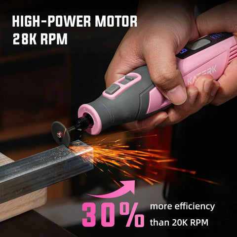 Pink 4V Cordless Rotary Tool Kit With Seventy Heavy Duty Bits And Slick Engraving Handle For Killer Diy Projects Wood Carving Cutting Sanding And Metal Polishing in use, high-power motor at 28K RPM cutting metal.