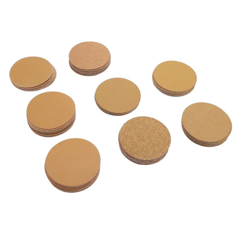 Top Tier 3 Inch Gold Aluminum Oxide Hook And Loop Sanding Discs With Hook Back For Orbital Sanders, various grits stacked.
