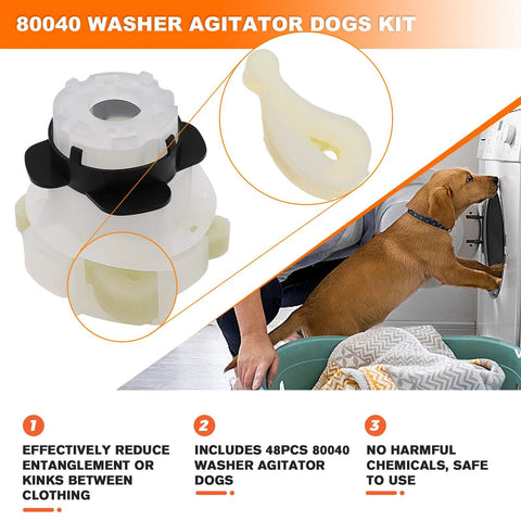 Front view of 80040 Beaquicy washer agitator dogs kit; white plastic assembly with beige dogs, 48-pack for Whirlpool.