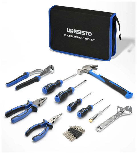 19 Piece Hand Tool Set With Easy Carrying Pouch For DIY And Home Maintenance Includes Hammer Pliers Magnetic Screwdrivers Hex Keys Adjustable Wrench And Voltage Tester For Everyday Fixes