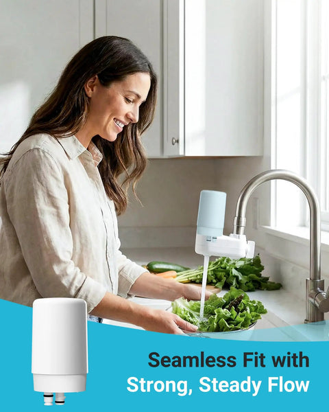 Woman using faucet water filter replacement for Brita filter on tap filtration system with premium coconut activated carbon block
