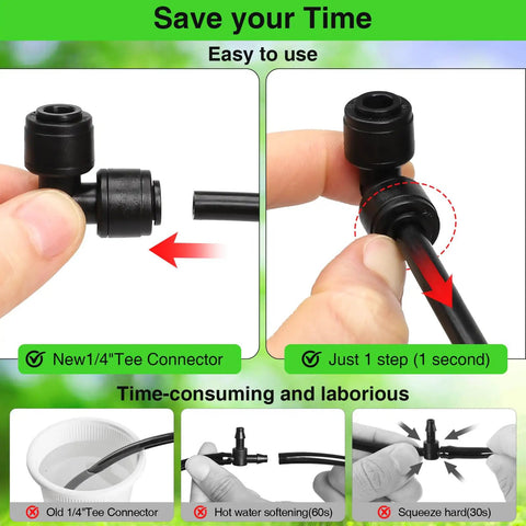 One Quarter Inch Drip Irrigation Elbow Coupling Connector Quick Connect Garden Hose Elbow Connector 90 Degree Leak Free Tubing Connectors For Drip System in use, demonstrating push-to-connect feature.