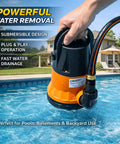 Heavy Duty Submersible Water Pump Kit With 25 Foot Garden Hose And 25 Foot Power Cord Three Quarter HP Utility Pump in pool.