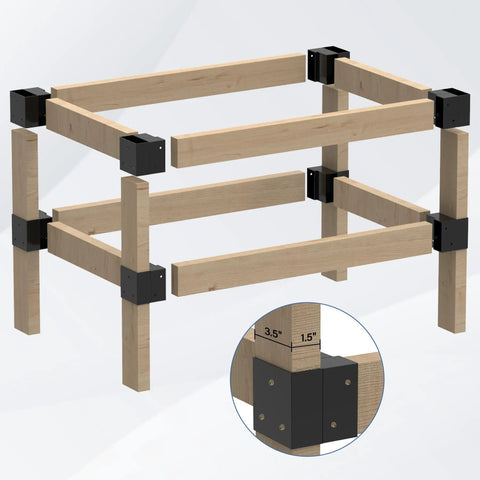 Heavy Duty 3 Way Workbench Corner Bracket Kit For Garage Legs Fits 2x4 Wood Actual One Point Five By Three Point Five Inches Durable Metal DIY Kit For Shelving And Work Tables Rust Resistant 8 Pcs Set shown installed on wooden frame