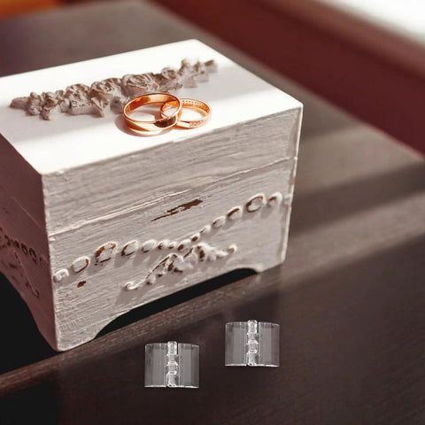 Slick All Purpose Acrylic Hinges For Jewelry Boxes And Crafts 10 Pack displayed with ornate wooden jewelry box