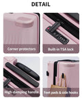 Expandable recycled polycarbonate carry-on luggage details, showing TSA lock, corner protectors, high-damping handle, and side hooks.