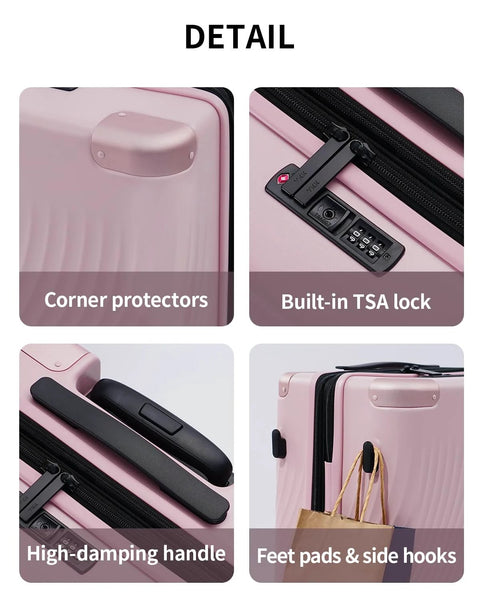 Expandable recycled polycarbonate carry-on luggage details, showing TSA lock, corner protectors, high-damping handle, and side hooks.