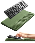 All In One Ergonomic Keyboard Stand With Built In Wrist Rest And Memory Foam Pad shown in olive green with keyboard and hands.