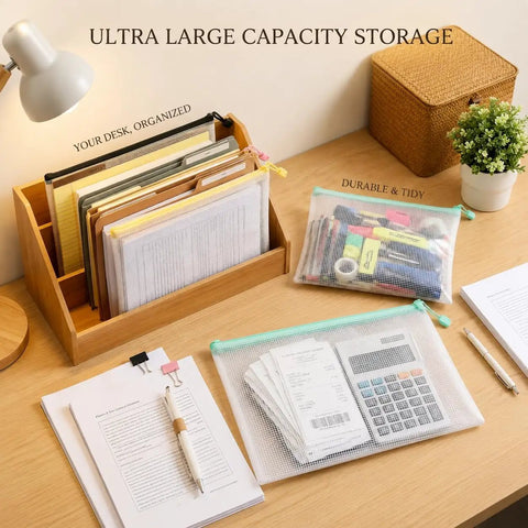 Colorful Four Pack A4 Mesh Zipper Bags With Water Resistant Zippers Durable Plastic Storage Pouches for desk organization.