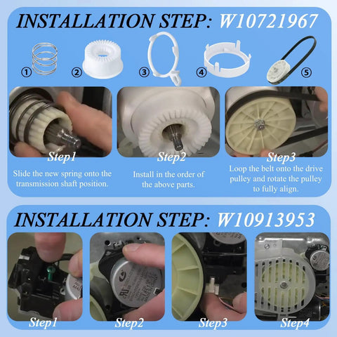 Upgraded Washer Shift Actuator Kit With Pulley Clutch And Drive Belt Easy Install Direct Replacement For Whirlpool Maytag showing installation steps