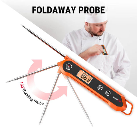Digital Instant Read Meat Thermometer For Grilling And Kitchen Use, Waterproof, 180-degree rotating probe, chef background