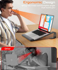 Ergonomic Metal Laptop Stand With Wrist Support And Detachable Riser elevating a laptop to eye level on a desk