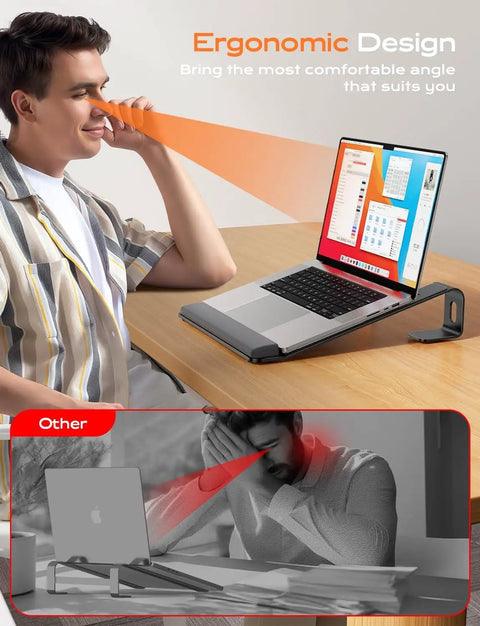 Ergonomic Metal Laptop Stand With Wrist Support And Detachable Riser elevating a laptop to eye level on a desk