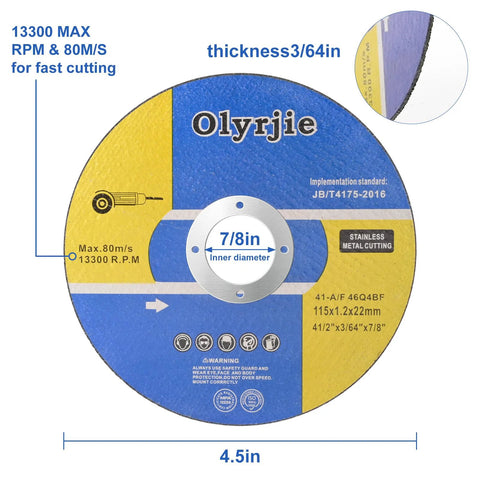 Front view of 10-pack 4.5-inch metal cut-off wheels for angle grinders; 7/8-inch center hole, 3/64-inch thick