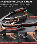 3 In 1 Hydraulic Arm Trainer For Home Gym With Ab Roller Wheels And Hooks displayed on a stand, showcasing versatility for full body exercises