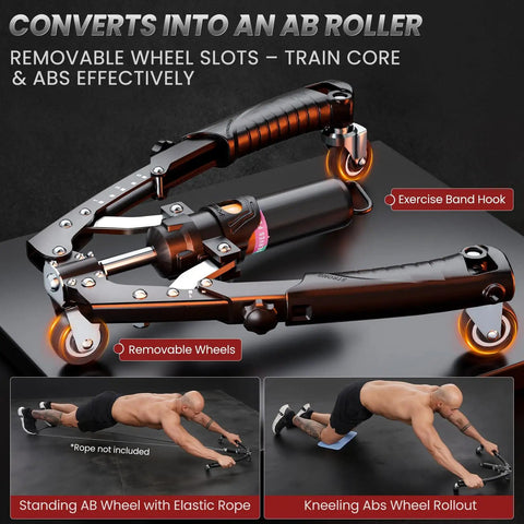 3 In 1 Hydraulic Arm Trainer For Home Gym With Ab Roller Wheels And Hooks displayed on a stand, showcasing versatility for full body exercises