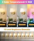 Slick Wireless Wall Sconces Set Of Two, Dimmable Led Bulbs With Remote, 15 Color Changing Gold Fabric Lamps, Hella Easy To Install, Battery Powered Zero Wiring For Bedroom Living Room, showcasing 3 color temperatures and 12 RGB options.