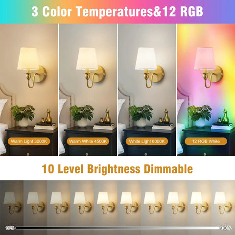 Slick Wireless Wall Sconces Set Of Two, Dimmable Led Bulbs With Remote, 15 Color Changing Gold Fabric Lamps, Hella Easy To Install, Battery Powered Zero Wiring For Bedroom Living Room, showcasing 3 color temperatures and 12 RGB options.