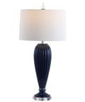 Navy Ribbed Glass Table Lamp With Crystal Base For Living Room And Bedroom, Contemporary Bedside Light With White Faux Silk Shade
