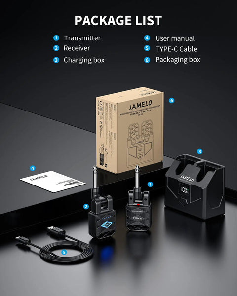 Package contents of 2.4GHz Wireless Guitar System With No Lag And Ultra Low Latency For Clear Stage Ready Tone Up To 65 Feet