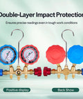 HVAC Manifold Gauge Set With Brass Body And Explosion Proof Lens, 3ft Hoses And R410A Adapters, front and back view