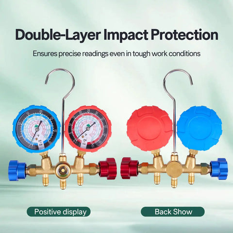 HVAC Manifold Gauge Set With Brass Body And Explosion Proof Lens, 3ft Hoses And R410A Adapters, front and back view
