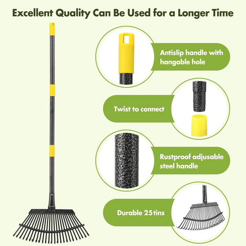 Heavy Duty Metal Leaf Rake With Adjustable 79 Inch Handle And 18 Inch Wide Head Featuring 25 Sturdy Tines for Various Uses