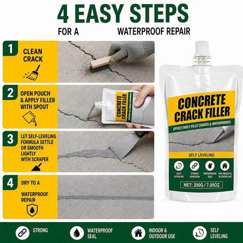 Self Leveling Concrete Crack Filler Waterproof Cement Sealant 200g application steps for repairing cracked walkways and patios.