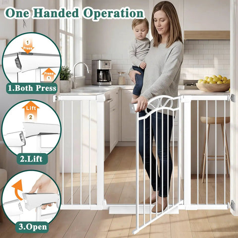 Parent holding child near Extra Wide Press Mounted Baby Gate Indoor For Kids And Pets Walk Through No Drill Doorway Hallway Gate Fits 40.55 To 43.31 Inches Easy Install Safe Child Safety Gate For Doorways And Openings, demonstrating one-handed operation in kitchen.