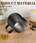 20Oz Stainless Steel Milk Frothing Pitcher With Clear Measurement Scale for Cappuccino and Latte Art, shown on wooden table
