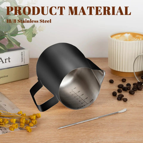 20Oz Stainless Steel Milk Frothing Pitcher With Clear Measurement Scale for Cappuccino and Latte Art, shown on wooden table