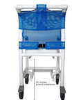 Rear view of rolling shower chair with blue seat, showing 5 Inch Locking Shower Chair Casters Set Of Four Replacement Wheels.