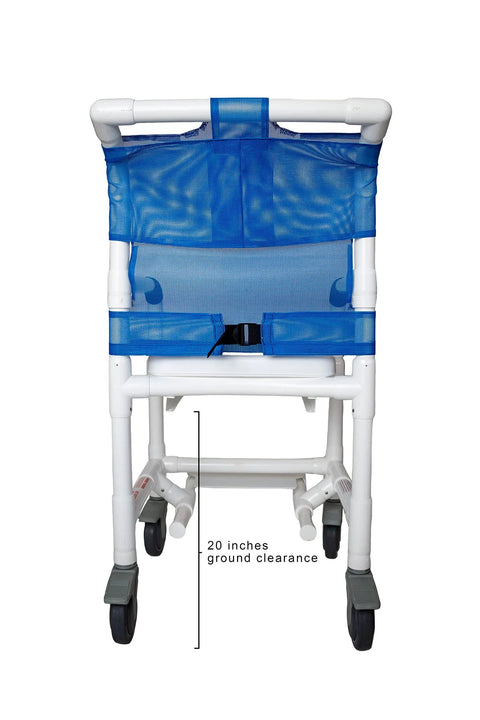 Rear view of rolling shower chair with blue seat, showing 5 Inch Locking Shower Chair Casters Set Of Four Replacement Wheels.