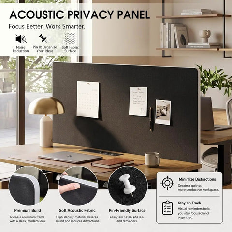 Acoustic privacy panel in modern office, reducing noise, featuring soft fabric, pin-friendly surface for organization.