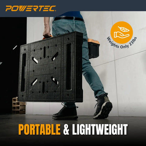 Person carrying Beast Of A Heavy Duty Portable Folding Work Table With A 33 Point 5 Inch By 24 Inch Surface Handles Up To 1650 Lbs