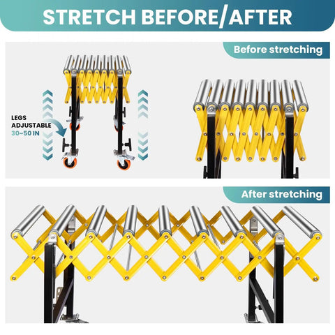 Adjustable Heavy Duty 1000 Lbs Roller Conveyor Table 25 Inches Wide shown in before and after stretching configuration.