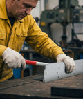 Worker using 15 Inch Sheet Metal Bender Tool for HVAC Ductwork, bending steel with three eighths inch and one inch fold depths.