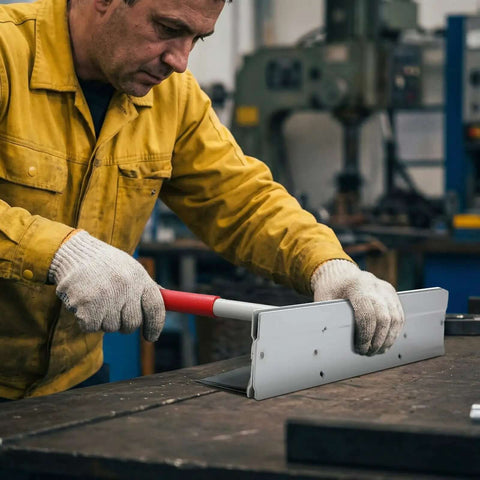 Worker using 15 Inch Sheet Metal Bender Tool for HVAC Ductwork, bending steel with three eighths inch and one inch fold depths.