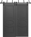 Sliding Barn Closet Doors 84 By 96 Inches In Black Painted Finish With 8 Ft Rails Hardware Set Solid Wood Wardrobe Doors For A Slick Modern Bedroom Bypass Style Pre Drilled Holes Floor Guides Hangers Easy Install No Fuss