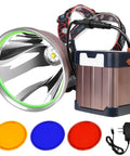 Coon Hunting Lights High Power LED Headlamp With 22000mAh Rechargeable Battery, waist mount, and colored filters for outdoor use.