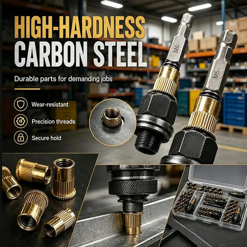 Beefy Pro Grade Rivet Nut Tool Kit M3 To M12 Set, Heavy Duty Carbon Steel, Quick Install, Hand Or Drill Ready, Ideal For Metal Fabrication, Farm Equipment, And Vehicle Mods, M3 M4 M5 M6 M8 M10 M12, carbon steel rivet nut kit with M5 and M6 bits