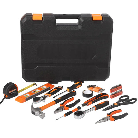 247 Piece Home And Auto Repair Tool Kit With Plastic Toolbox Storage Case, showing tools including pliers, hammer, and screwdrivers