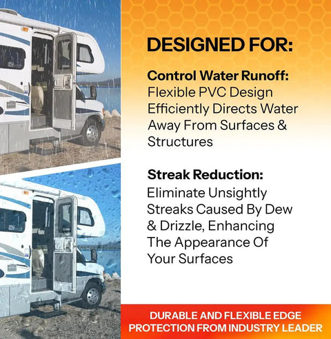 Camper with Drip Rail Molding for Cars, Vans, And RVs, One Half Inch Height, 25 Foot Length, PVC Flexible Rain Guard.