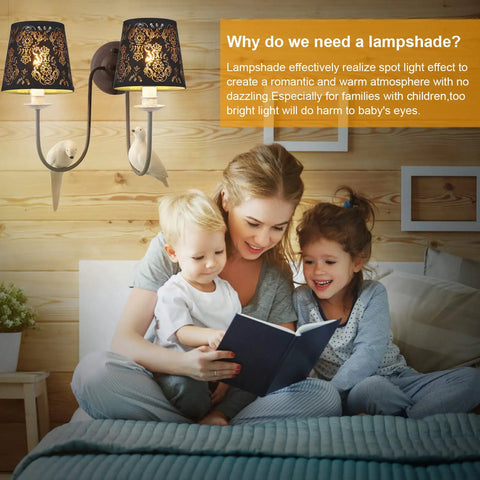 Crystal Chandelier Shade Set Clip On Mini Lamp Shade in a cozy room with family reading near wall lamps, black textured cloth design visible