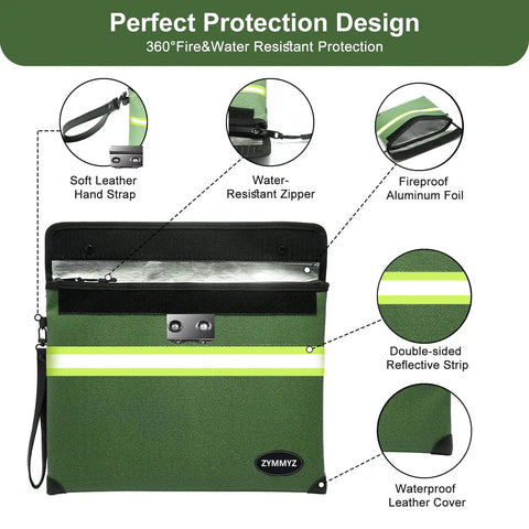 Heavy Duty Fireproof And Waterproof Document Pouch With Lock For Safely Stashing Cash Jewels And Important Papers with soft leather strap and water-resistant zipper.