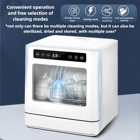Fully Automatic Portable Countertop Dishwasher Boasting Four Wash Cycles, Roomy Eight Place Setting Capacity, Smooth Operation And No Sweat Cleanup. View of the dishwasher showing cleaning modes and interior.