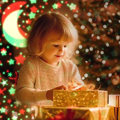 Child with gift boxes beside Star Projector Night Light For Girls And Kids Room Rotating Night Light With 8 Color Changing
