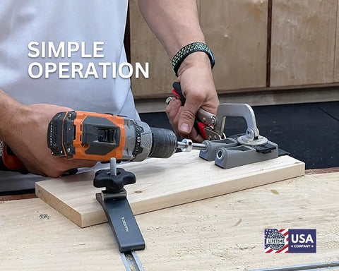 Using Twin Pocket Hole Jig Set With Adjustable Base And Magnetic Quick Adjust System For Fast And Easy Woodworking Joints No Marking Needed Great For DIYers And Pros Pro Grade For Any Project Today on wooden board