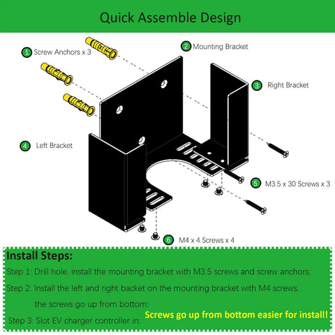 Adjustable EV Charger Wall Mount Bracket With Steel Cable Hook And Secure Grip Design showing assembly instructions and components.