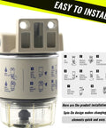 Marine Fuel Water Separator Filter, 10 Micron Replacement For S3240, 120AT, spin-on design with installation guide.